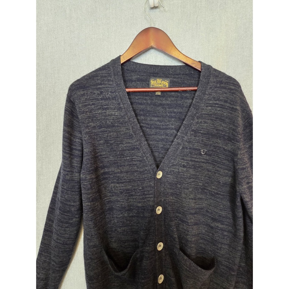 True Religion Cardigan Wool‎ Sweater Men's XL Button Up Preppy Charcoal Academia - Picture 2 of 10